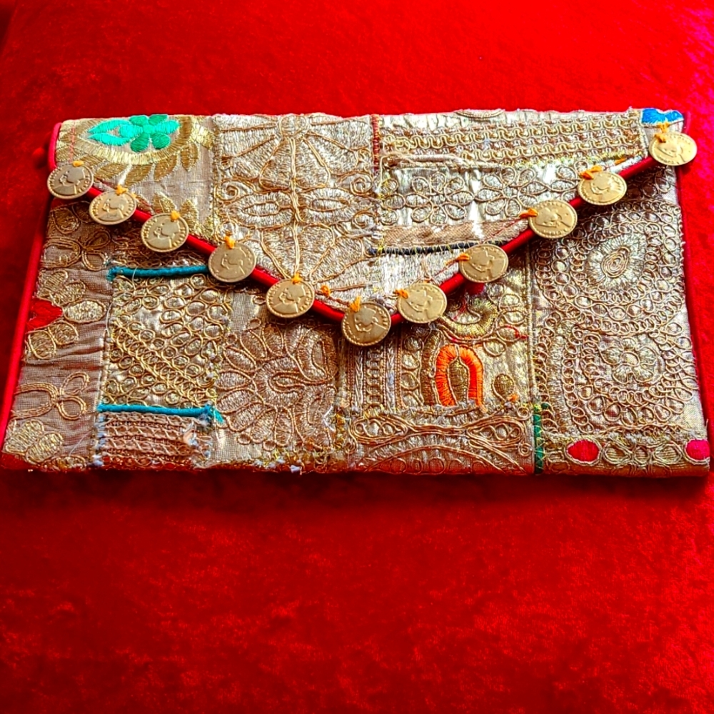 Gold Zari embroidery patchwork envelope clutch from India